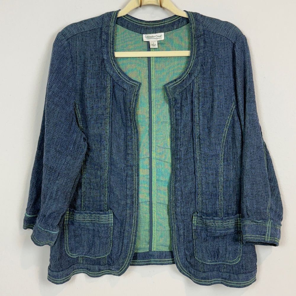 Coldwater Creek Blue Linen Blend Open Front Jacket Green Stitching L